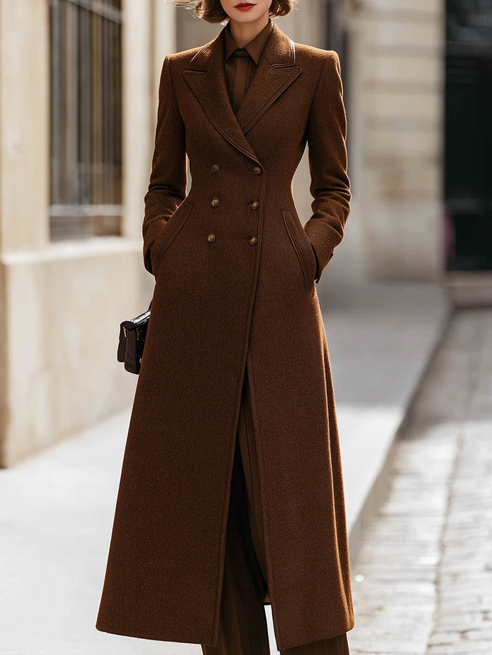 Mocha Brown Double-Breasted Long Coat