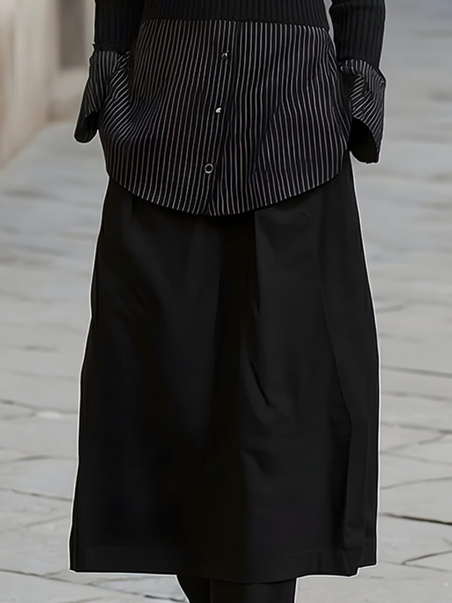 Black Off-Shoulder Ribbed Knit Striped Top And Midi Skirt Set