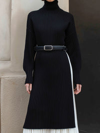 Black Ribbed Knit Dress With White Pleated Skirt Set