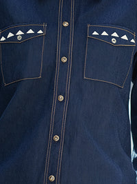 Color-blocked Rhinestone Collar Denim Shirt