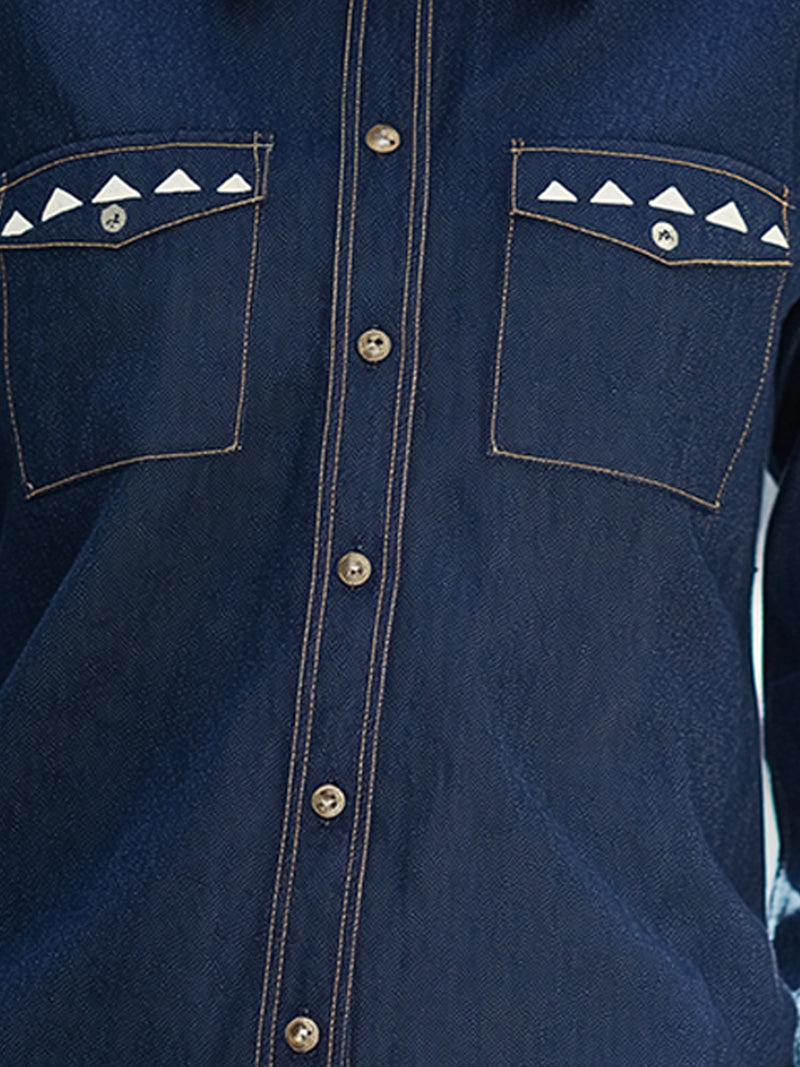 Color-blocked Rhinestone Collar Denim Shirt