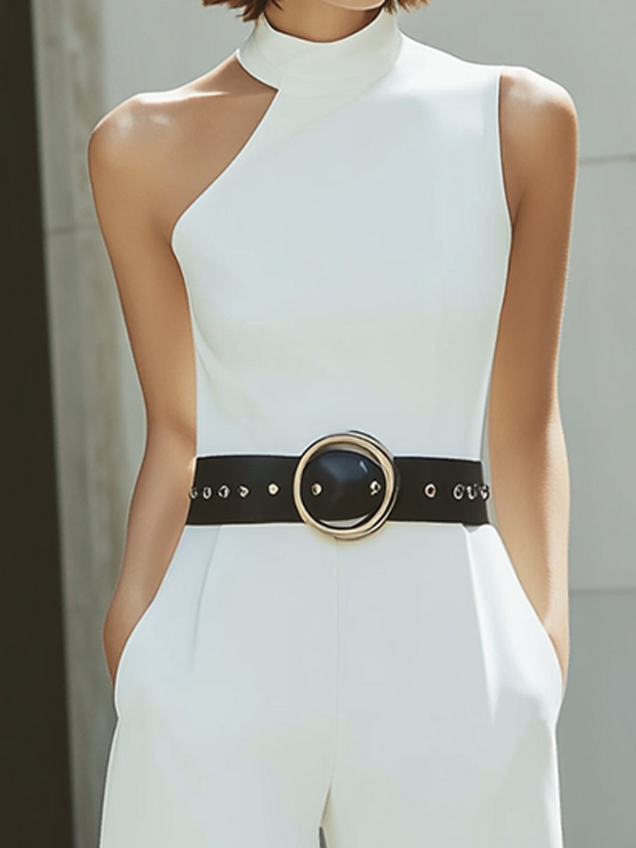 Asymmetric High-Neck Wide-Leg Jumpsuit With Statement Belt