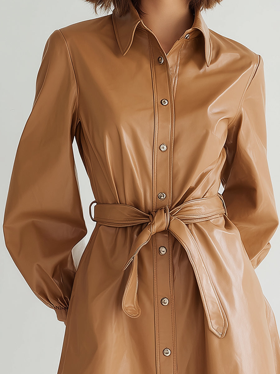 Classic Belted Faux-Leather Shirt Dress