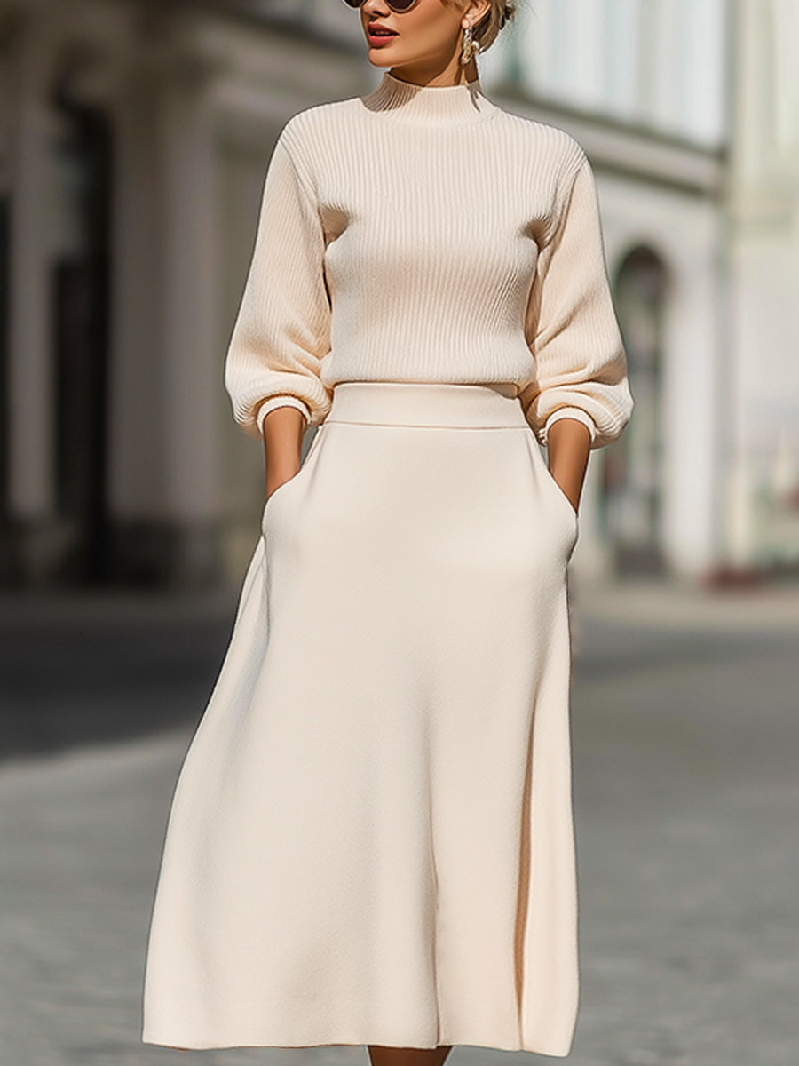 Cream Ribbed Knit Mock-Neck Midi Dress With A-Line Skirt