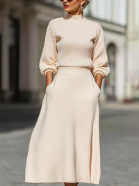 Cream Ribbed Knit Mock-Neck Midi Dress With A-Line Skirt