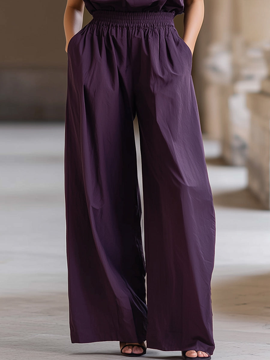 Sleeveless V-Neck Elastic Waist Wide Leg Jumpsuit