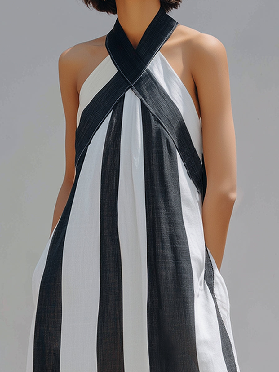 Cross-Halter Striped Maxi Dress