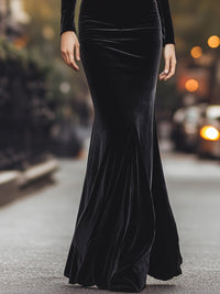 Velvet Long-Sleeve Gown With Plunging Neckline