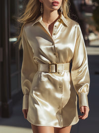 Satin Belted Shirt Dress In Soft Ivory