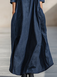 High-Neck Denim Maxi Dress With Sculpted Volume