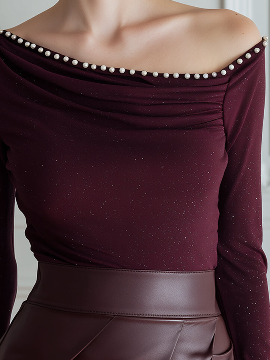 Pearl-Trim Off-Shoulder Shimmer Knit Top