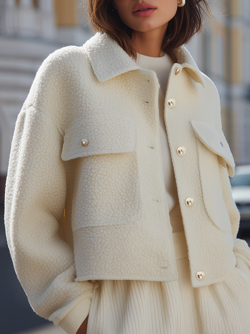 Cream Textured Cropped Jacket