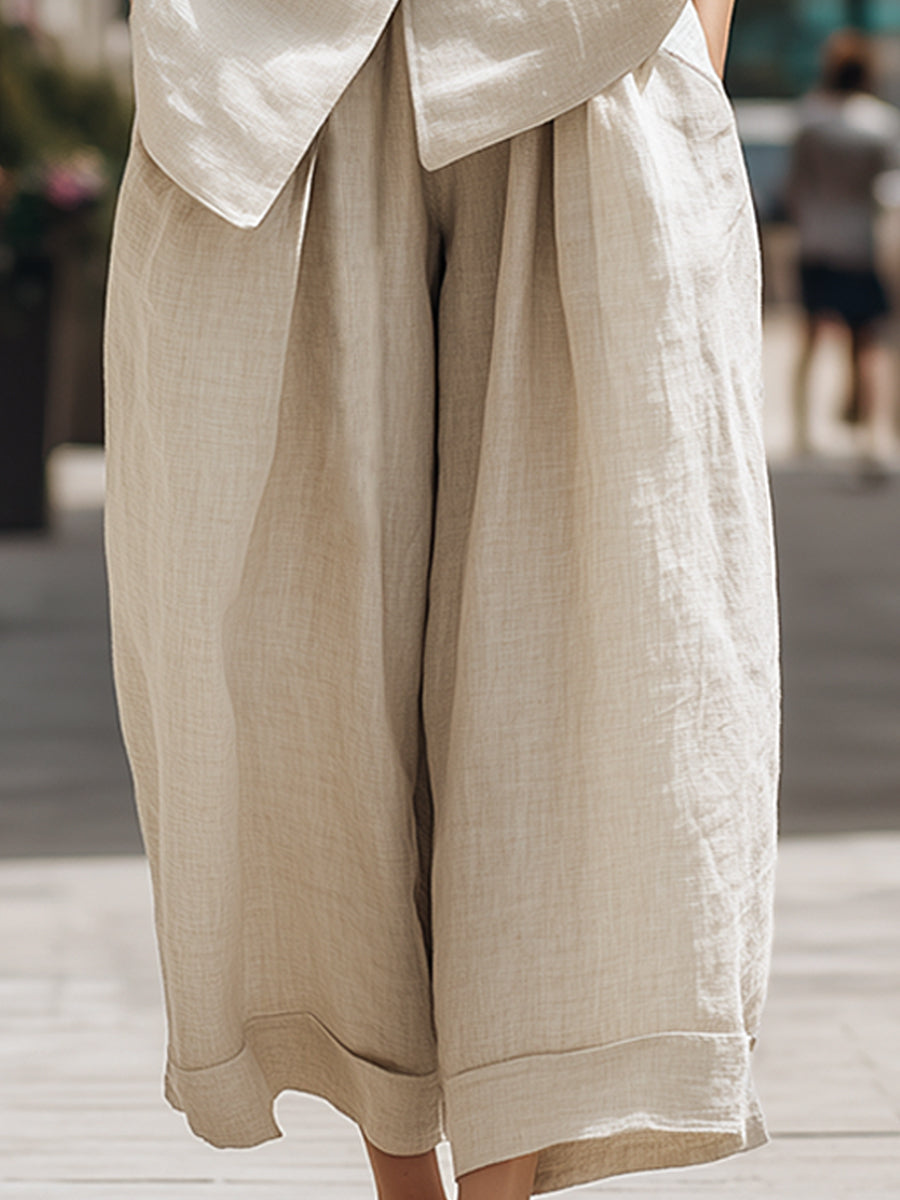Sleeveless Belted Linen-Blend Vest & Wide-Leg Culotte Set