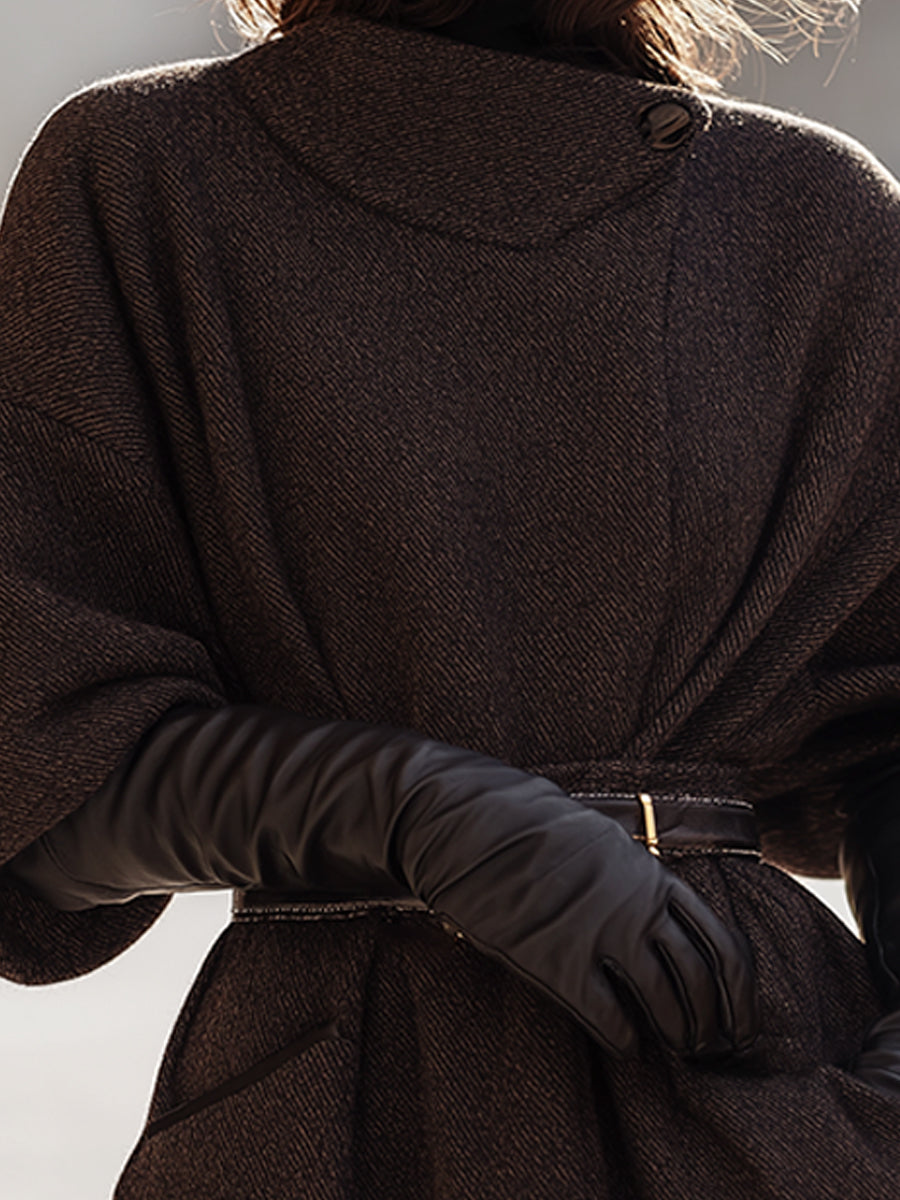 Dark Mocha Belted Kimono Coat With High Collar