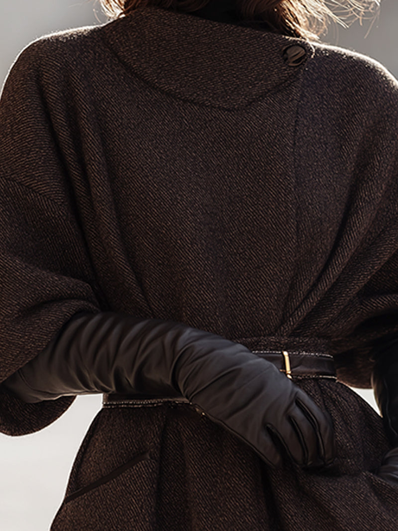 Dark Mocha Belted Kimono Coat With High Collar