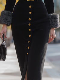 Black Velvet Midi Dress With Fur Trim And Gold Button Detailing