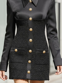Tailored Black Mini Dress With Gold-Tone Buttons And Tweed Accents