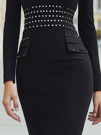 Studded Waist Power-Shoulder Pencil Dress