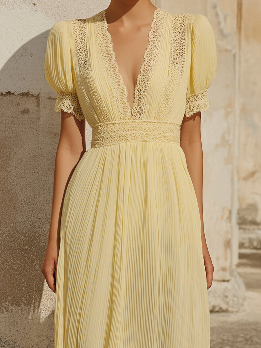 Women’s Elegant Lace Trim Pleated Maxi Dress – Vintage-Inspired Yellow Deep V Long Dress
