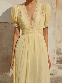 Women’s Elegant Lace Trim Pleated Maxi Dress – Vintage-Inspired Yellow Deep V Long Dress