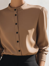 Camel Minimalist Button-Down Blouse With Mandarin Collar