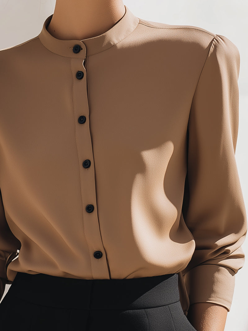 Camel Minimalist Button-Down Blouse With Mandarin Collar