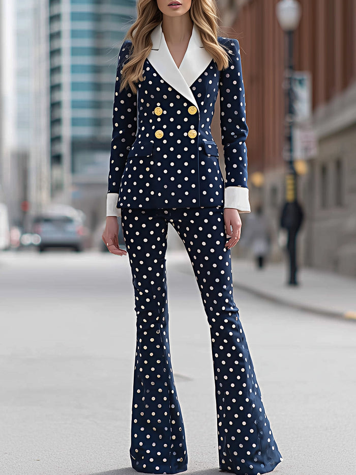 Navy Polka Dot Double-Breasted Blazer And Flared Pants Set