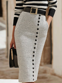 Black And White Striped Knit Top And Pencil Skirt Set