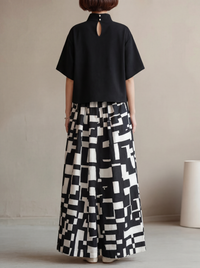 High-Neck Top & Abstract Print Wide-Leg Skirt Set