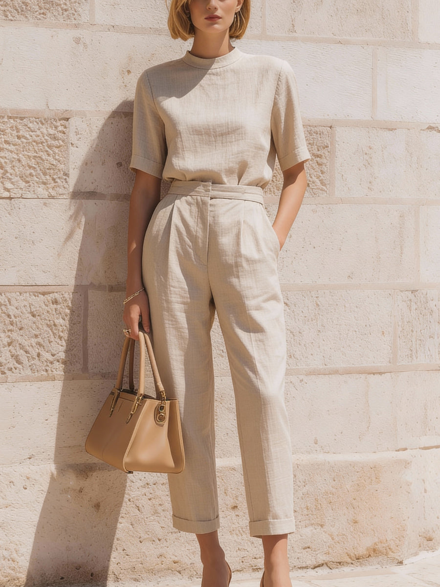 Linen-Blend Short-Sleeve Top & Tailored Ankle-Length Pants Set