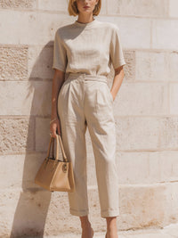 Linen-Blend Short-Sleeve Top & Tailored Ankle-Length Pants Set