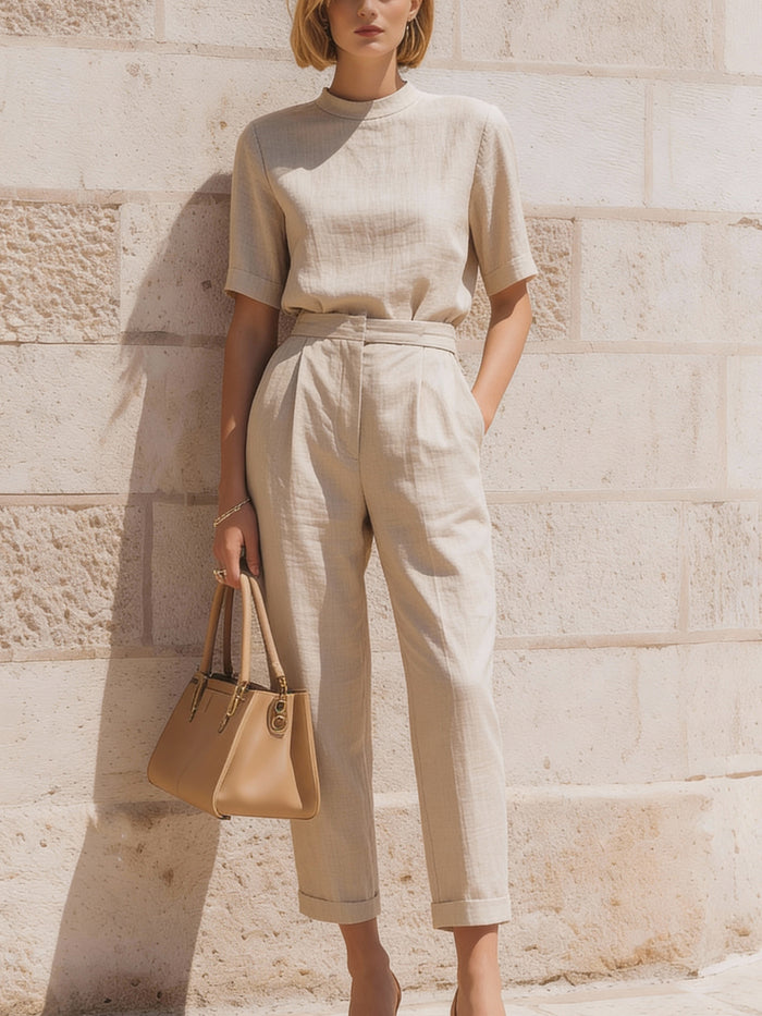 Linen-Blend Short-Sleeve Top & Tailored Ankle-Length Pants Set