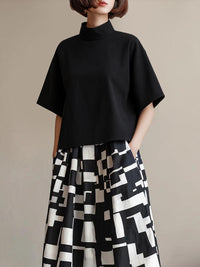 High-Neck Top & Abstract Print Wide-Leg Skirt Set