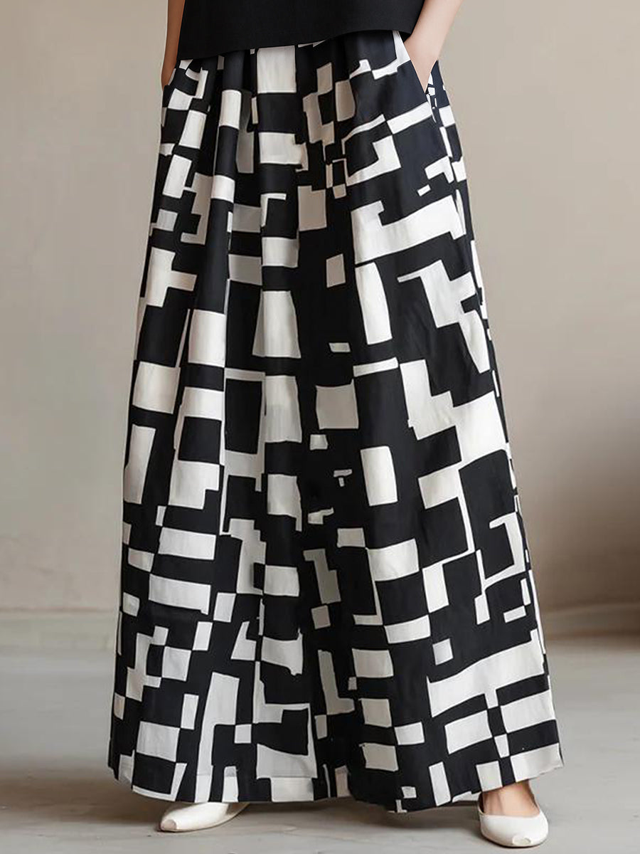 High-Neck Top & Abstract Print Wide-Leg Skirt Set
