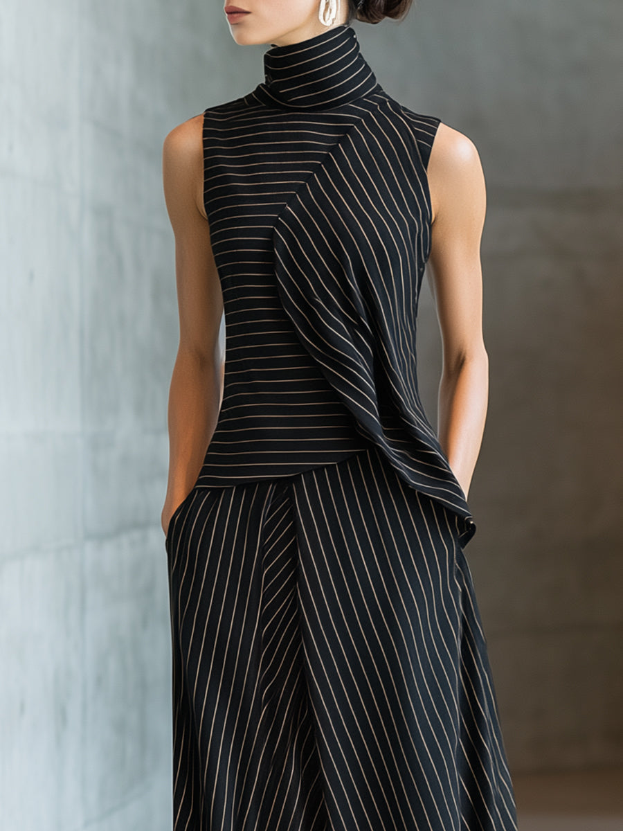 Asymmetric Pinstripe Sleeveless Top & Maxi Skirt Coordinated Set