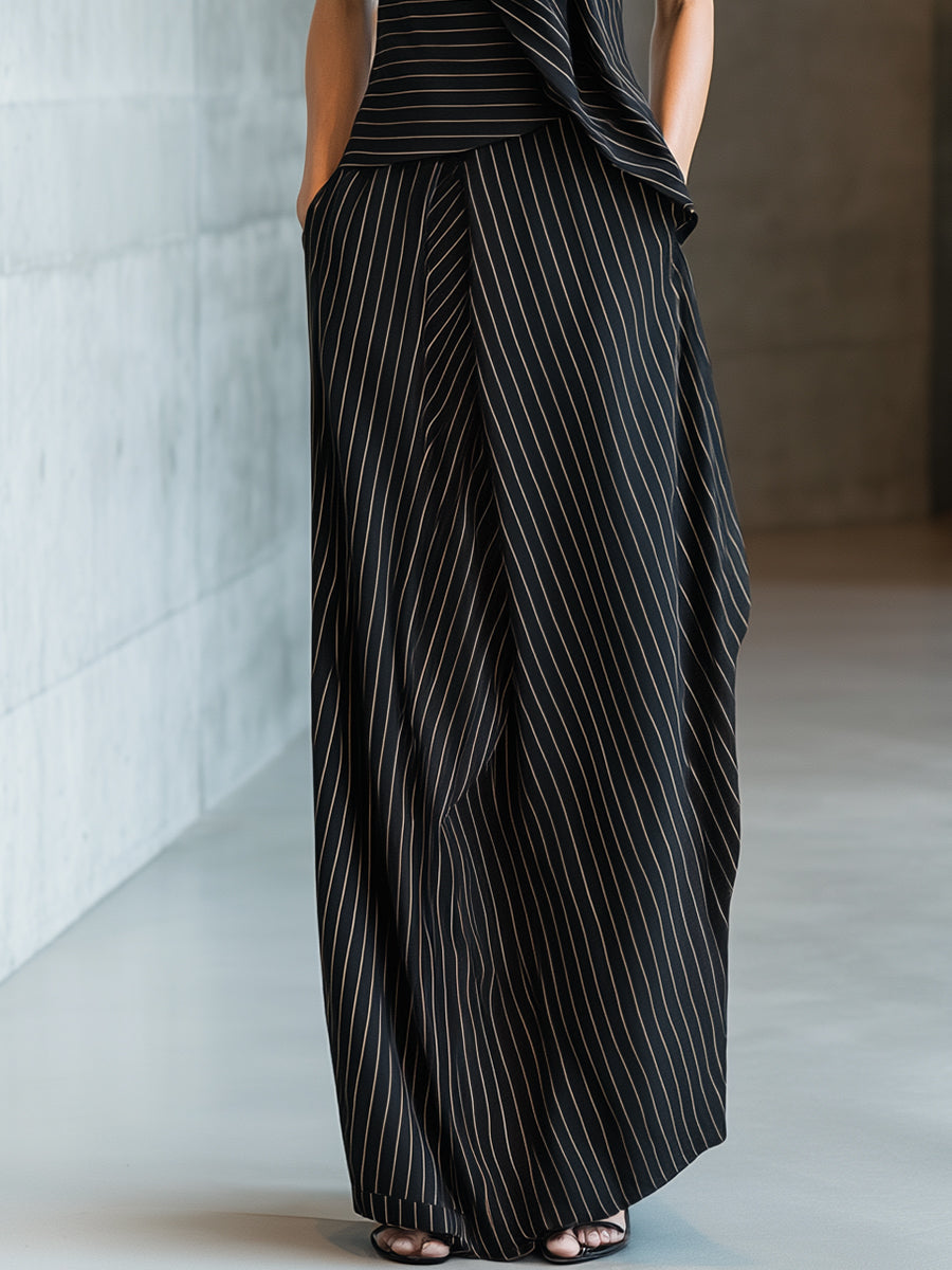 Asymmetric Pinstripe Sleeveless Top & Maxi Skirt Coordinated Set