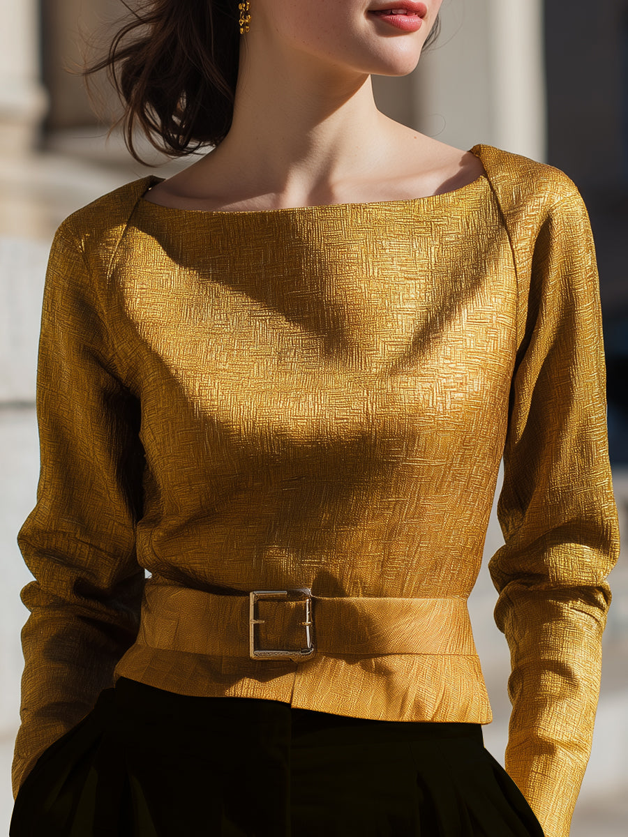 Golden Textured Jacquard Belted Blouse
