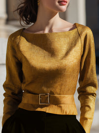 Golden Textured Jacquard Belted Blouse