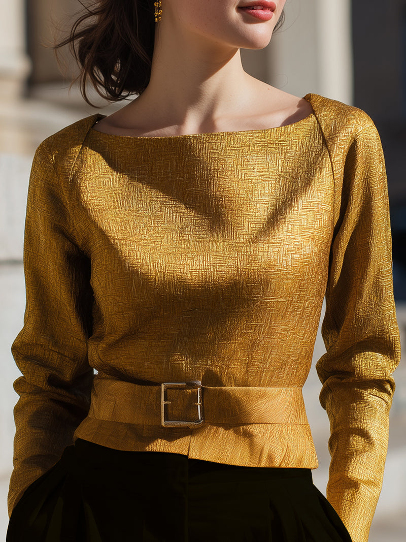 Golden Textured Jacquard Belted Blouse