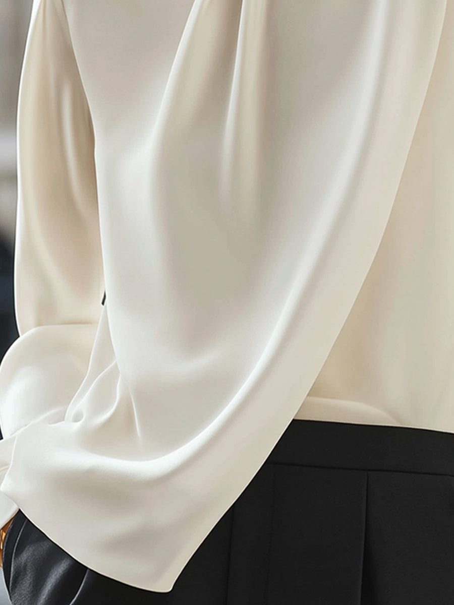 Ivory Pleated Long-Sleeve Blouse
