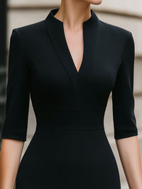 Tailored V-Neck Midi Dress With Three-Quarter Sleeves