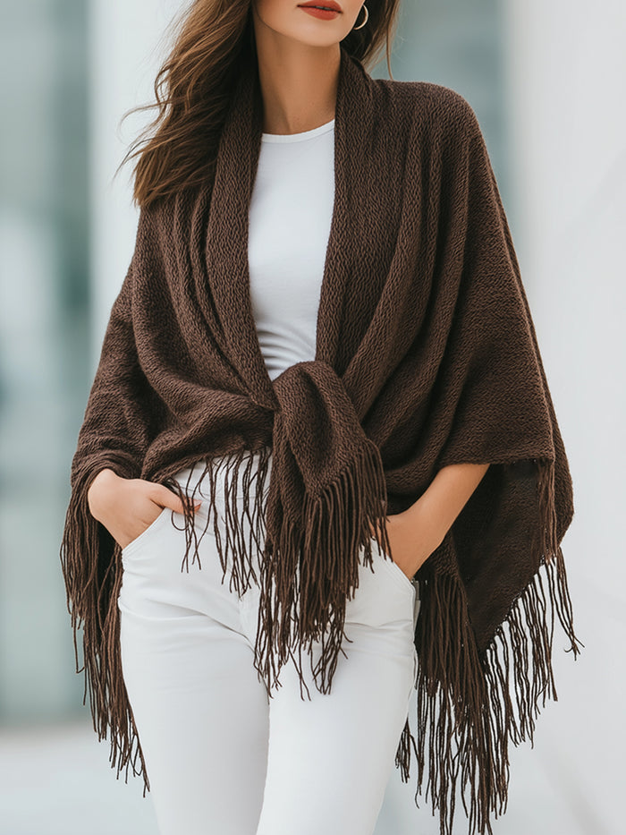 Brown Knit Fringe Poncho