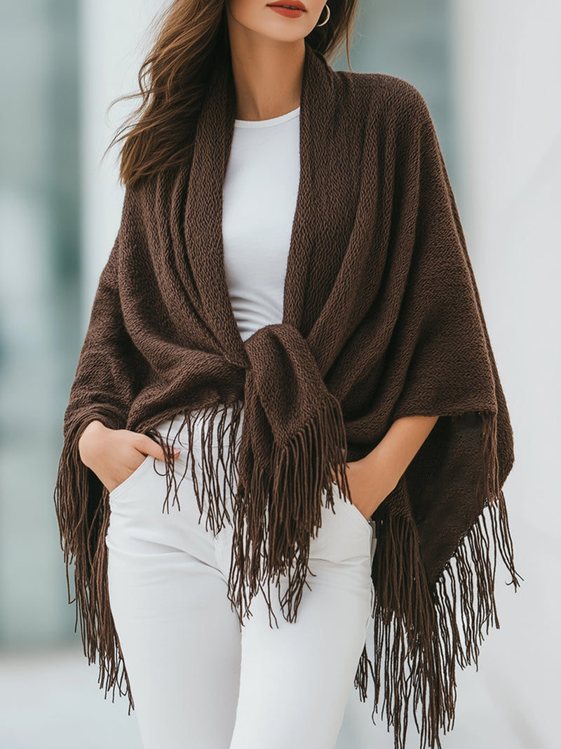 Brown Knit Fringe Poncho