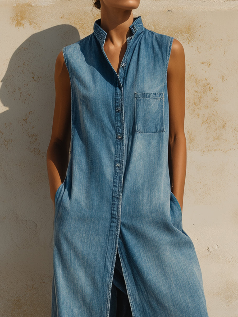 Sleeveless Denim Longline Vest & Wide-Leg Pants Set