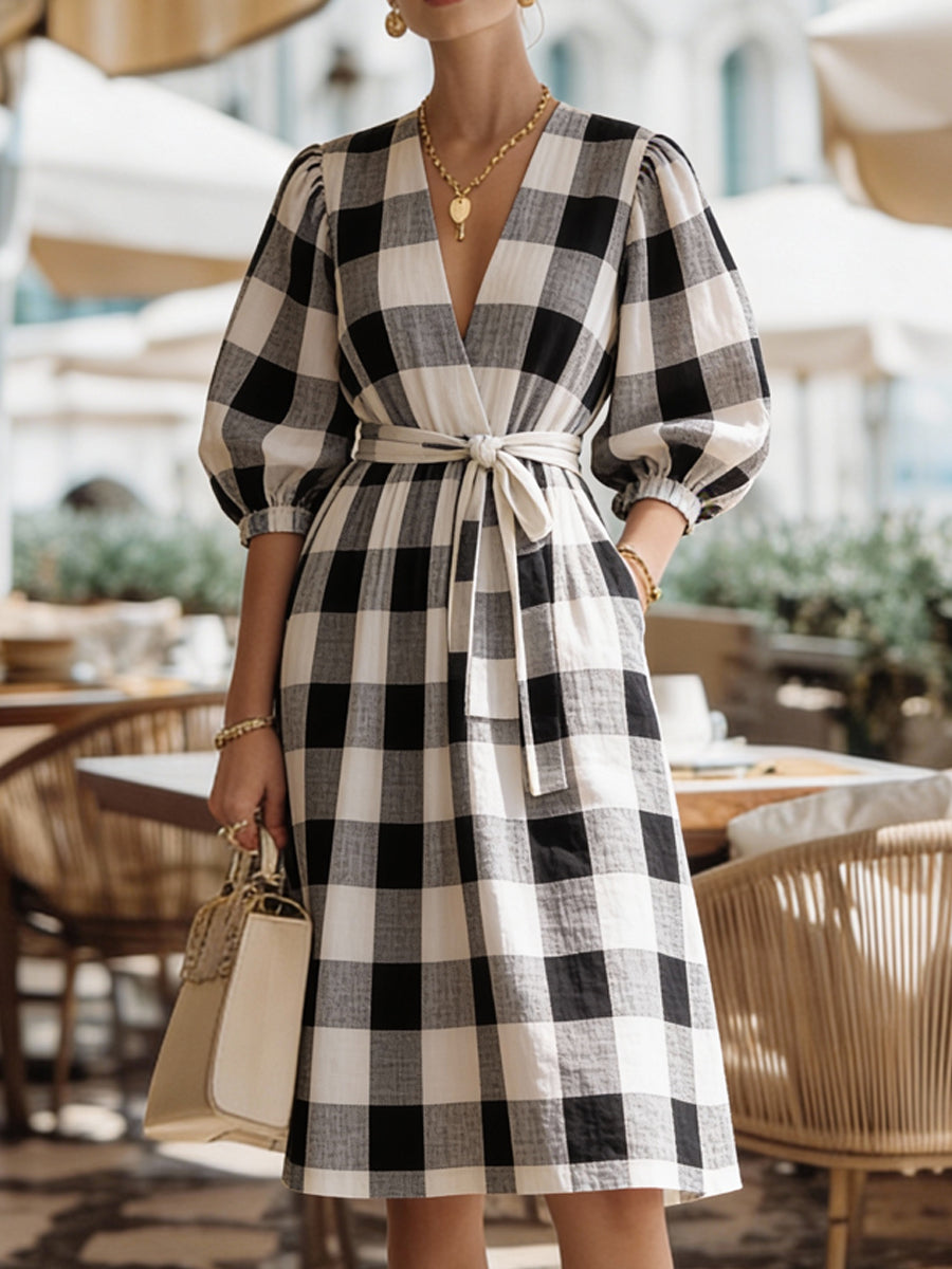 Gingham Wrap V-Neck Puff Sleeve Midi Dress
