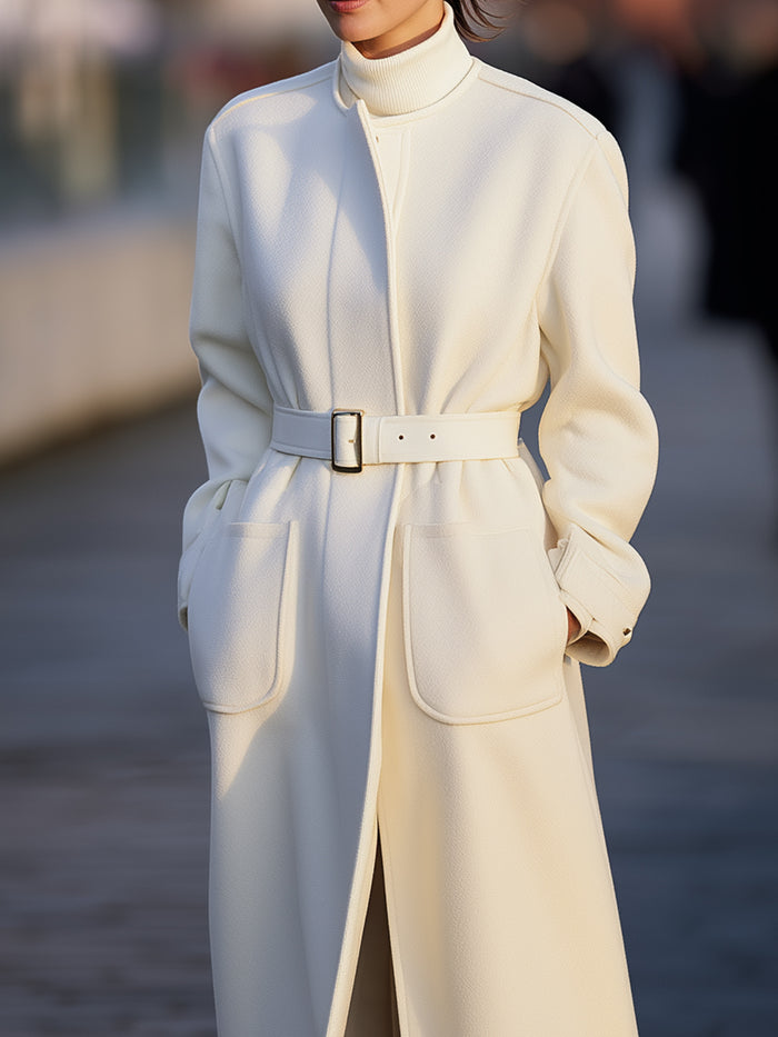 Ivory Belted Longline Wool Coat