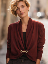 Burgundy Drape-Front Knit Cardigan With Gold Clasp