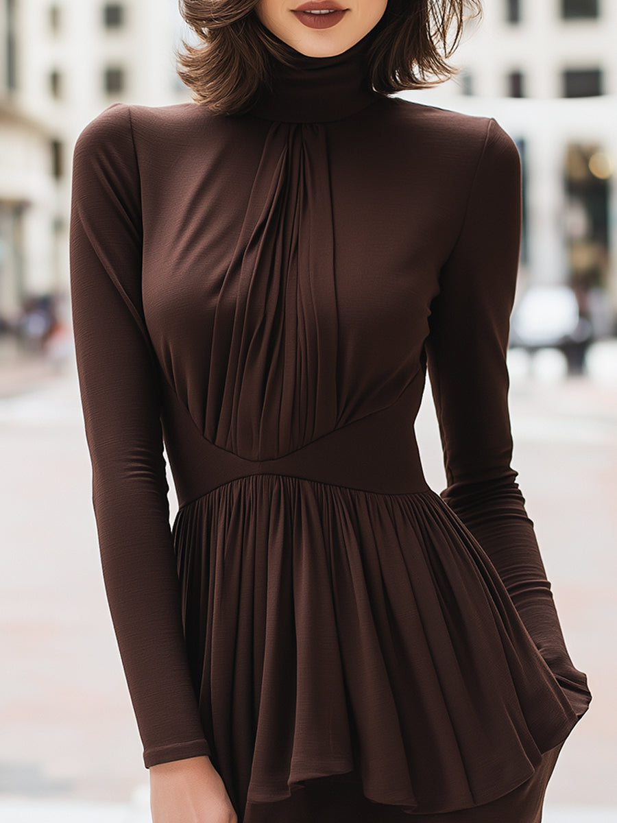Chocolate Brown Pleated Peplum Top With High Neck
