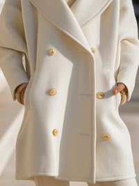 Double-Breasted Ivory Wool Coat With Oversized Lapels