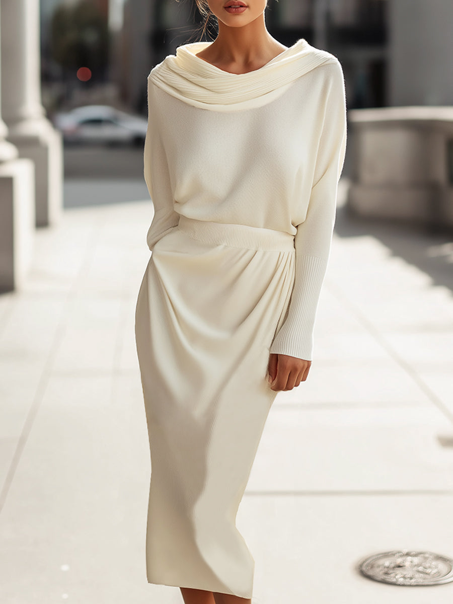 Elegant Draped Scarf Neck Knit Midi Skirt Set